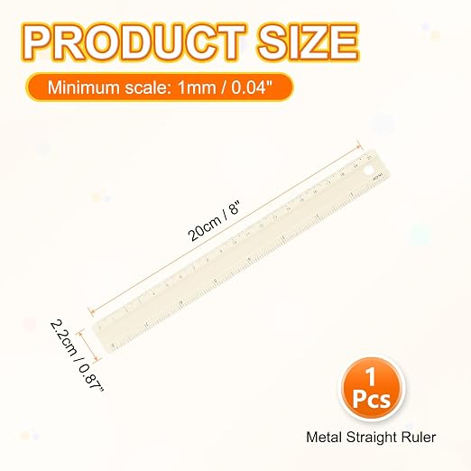 HARFINGTON Metal Straight Ruler 8 Inch(20cm) Metric Aluminum Alloy Measuring Rulers Scale Tool with Hole for Measure Study Reading Classroom Office, Beige