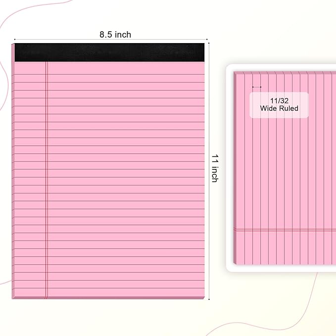 AILZFEI Pink Legal Pad Note Pads 8.5 x 11 inch, Wide Ruled Clear Print Writing Pads 30 Sheets/Pad, 20lb Colored Paper, Perforated Notepad with Sturdy Back (3 Pads Pink)