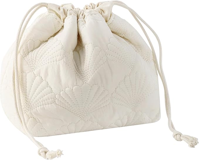 uekeboag Small White Shells Drawstring Quilted Cotton Makeup Bag for Women | Foldable,Lightweitht, Canvas Lining Coquette Quilted Toiletry Bag, Aesthetic Travel Cosmetic Bags