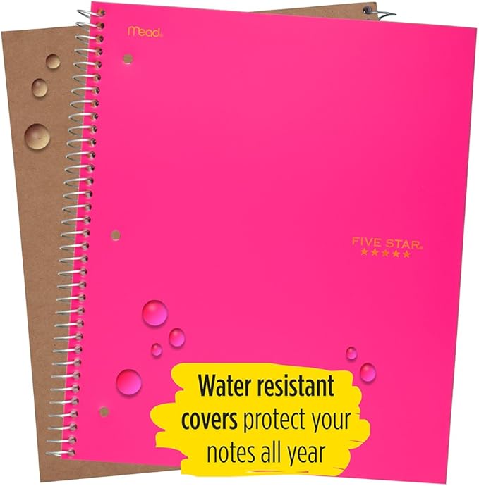 Five Star Spiral Notebook, 5 Subject, College Ruled Paper, 200 Sheets, 11" x 8-1/2", Pink (73519)