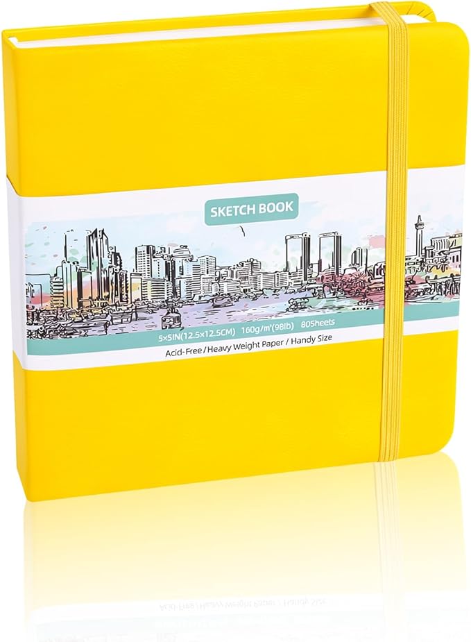 Prudiut Hardcover Pocket Sketchbook, 5" x 5" Square Mini Sketchbook, 98lb/160gsm Heavyweight Tiny Sketch Book, 80 Sheets Small Travel Drawing Journal for Adults, Artist, Ideal for Gift (Yellow)