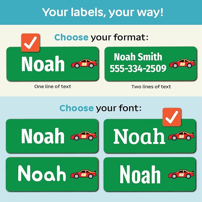 Kids Personalized Name Labels for School, Camp, Daycare (128 Labels) Custom Peel and Stick Waterproof Name Tags Stickers for Water Bottles, Lunch Boxes, Clothing, School Supplies (Racecar)