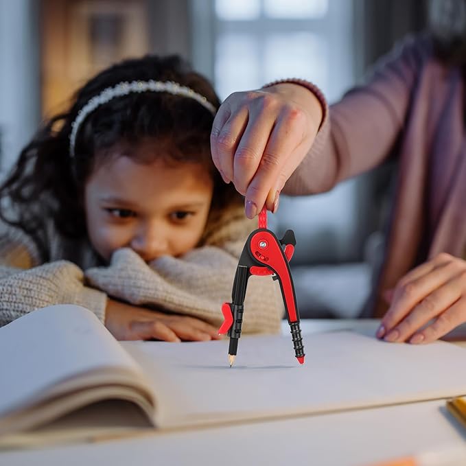 EBOOT Student Geometry Math Set, Drawing Compass and 6 Inch Clear Swing Arm Protractors 180 Degree Math Protractor(Red)