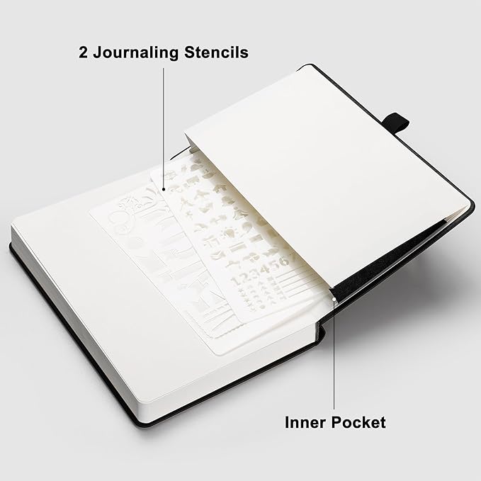 RETTACY Dotted Journal Notebook, 192 Pages, A5 Medium Size (5.7'' x 8.3''), Leather Hardcover, 100 GSM Thick Paper, for Journaling, Planning, Tracking (Black)