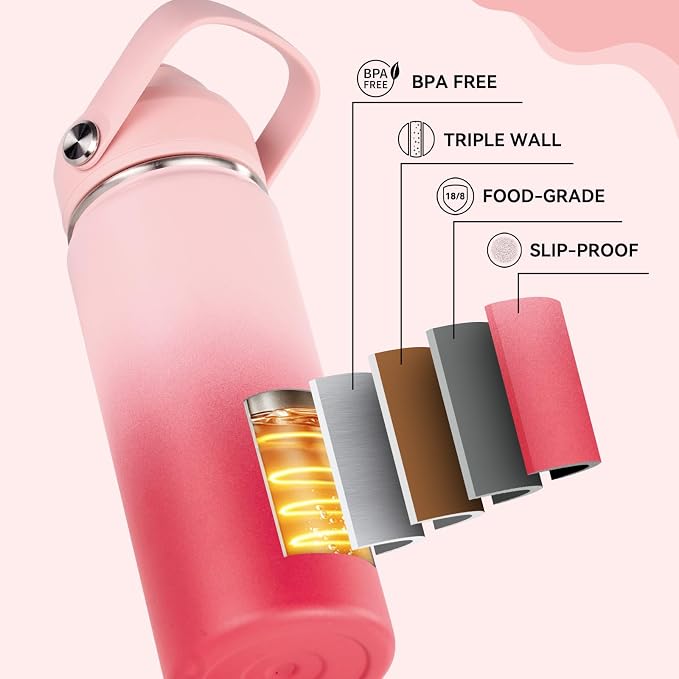 Fijinhom 24oz Insulated Stainless Steel Water Bottle, Wide Mouth Double Wall Vacuum, Silicone Straw, Sweat & Leak Proof, BPA Free Insulated Water Flask for Travel, Keep Cold 24h Hot 12h, Pink Gradient