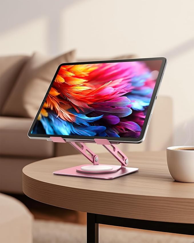 LOXP Metal Tablet Stand, 360 Rotating iPad Stand with Heavy-Duty Base, Tablet Holder Compatible with 4.0-16.9" Device, 2025 iPad Pro Air Mini, Kindle, Surface Tablet, Portable Monitors - Pink