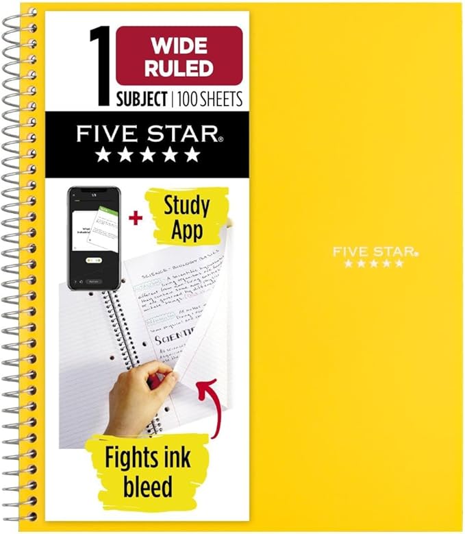 Five Star Spiral Notebook + Study App, 1 Subject, Wide Ruled Paper, 8" x 10.5", 100 Sheets, Fights Ink Bleed, Water Resistant Cover, Vivid Yellow (930010CJ1)