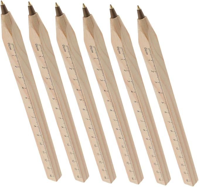 MAGICLULU 6pcs Black Ballpoint Pens Set with Wood Ruler, Biodegradable Solid Wood Construction Ballpoint Pens for Carpentry and Office Use