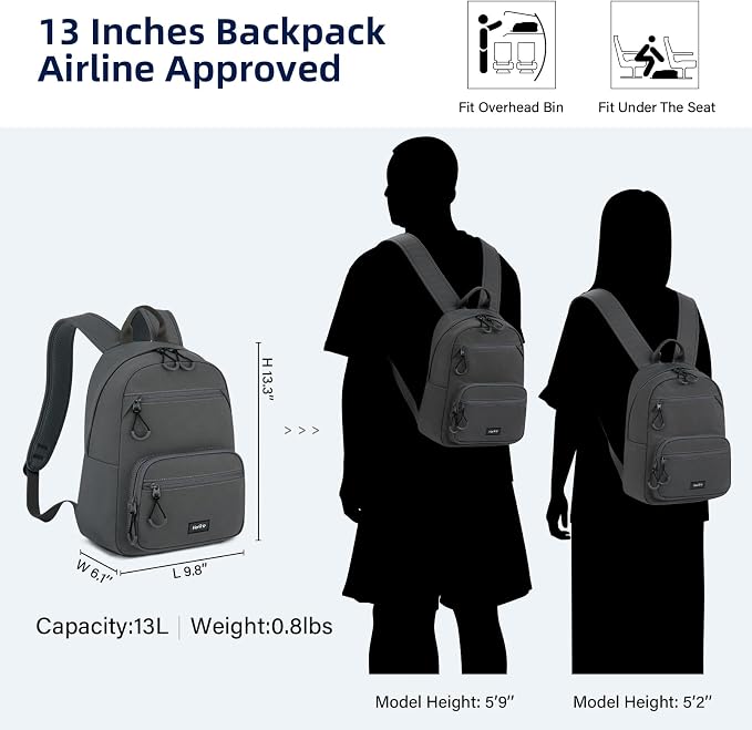 HanTrip 13 Inch Mini Small Travel Backpack Cary on For Women Men, Dark Gray | 13L Capacity, Lots of Pockets, Padded Shoulder Strap, Lightweight, Water Resistant, Bookbag for College, Commuter, Work