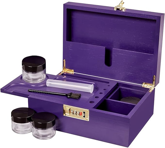 Bamboo Wood Desktop Organizer with 3 Glass Jars and Sliding Tray - Red Multi-Compartment Storage Case for Craft Supplies, Stationery, and Small Accessories (Purple)