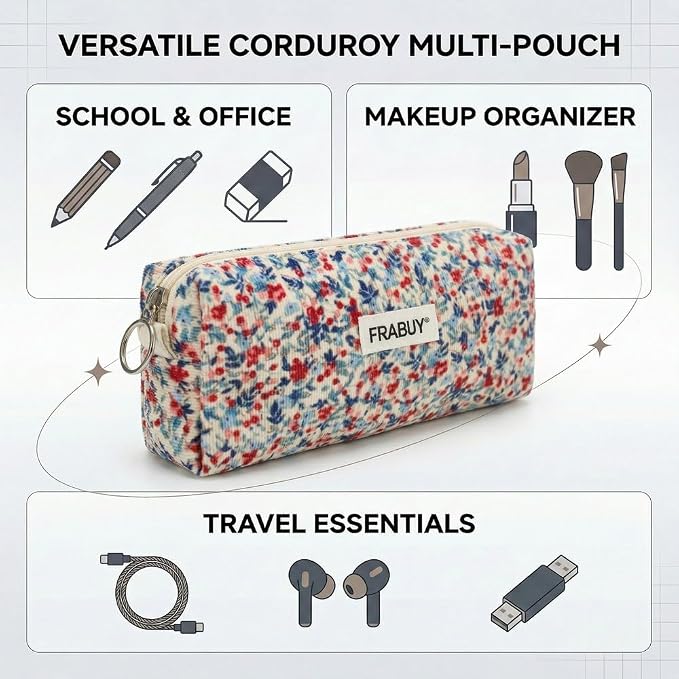Soft Corduroy Pencil Case Pen Pouch Organizer, Small Stationery Bag | Cute beige small floral pencil pouch, smooth zipper, daily cosmetics holder, compact organizer for school teen girls, women