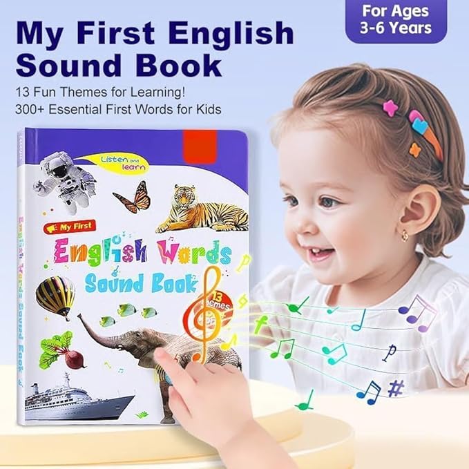 English Words Sound Book Toy, English Learning Talking Book, 300+ Words, 13 Themes, Press to Learn Phonics, Interactive Educational Books for 3 Year Olds