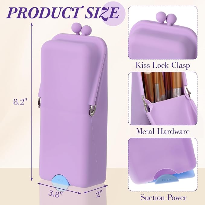 Kacctyen Makeup Brush Case Silicone Standing Makeup Brush Holder,Purple | Silicone Make up Travel Bag with Suction Portable Cosmetic Organizer Phone Stand Pouch for Travel Home Back to School Use