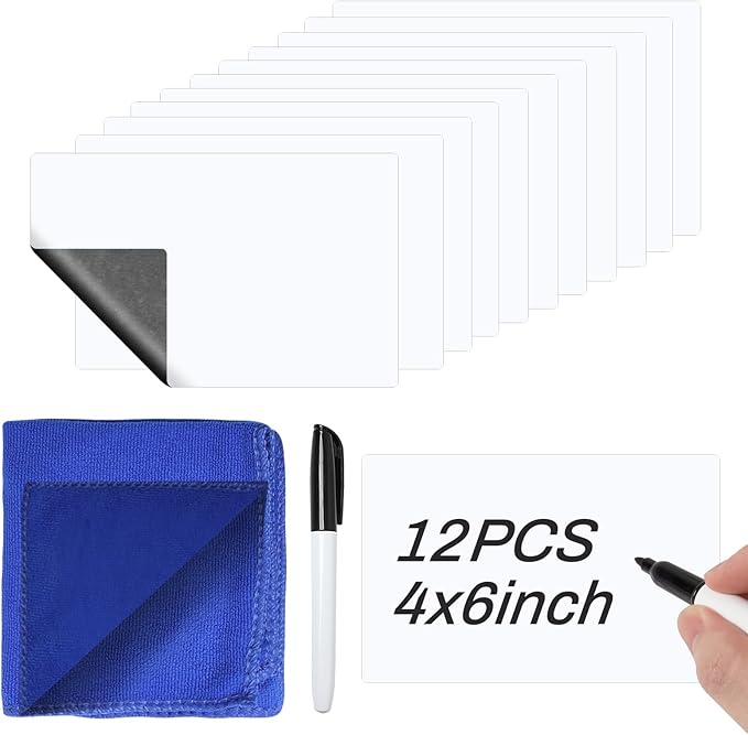12 Pack Dry Erase Labels Stickers 4x6inch Reusable Dry Erase Labels Small Blank Whiteboard Sticker Removable Reusable Dry Erase Stickers with Pen and Wipe Cloth