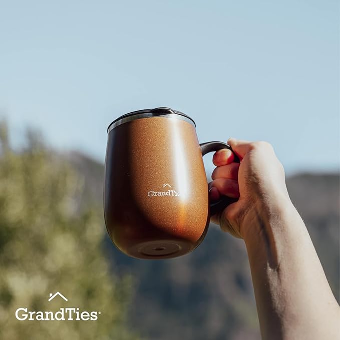 GRANDTIES Insulated Coffee Mug with Handle–Sliding Lid for Splash-Proof 16oz Wine-Glass Shape Thermal Tumbler with Double Walled Vacuum Stainless Steel to Keeps Beverages Hot or Cold-Cognac Metallic