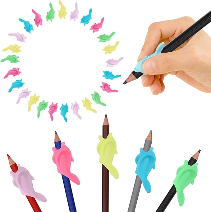 Notoke 30PCS Cute Dolphin-Shaped Silicone Pencil Grips for Handwriting, Assorted Multicolor Writing Aid Grips, Handwriting Training Tool for Adults, Posture Correction Tools