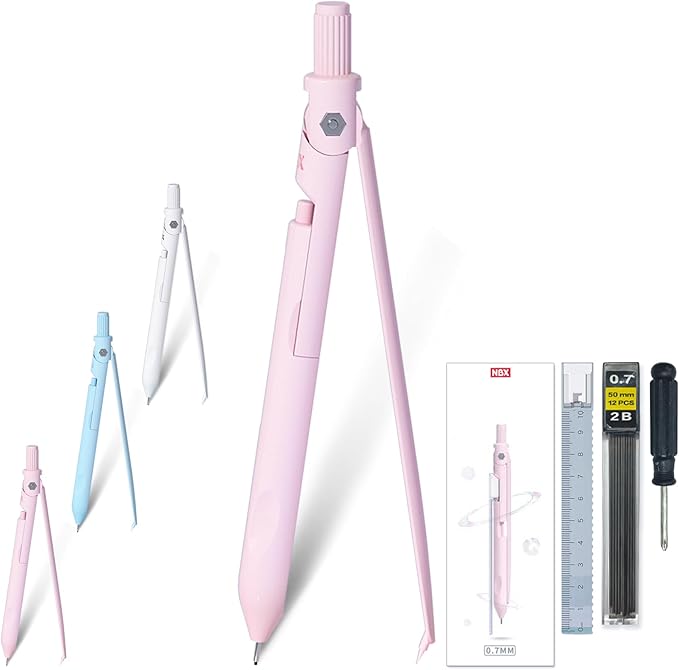 Compass for Geometry with Pencil, Includes Automatic Pencil, Compass, Ruler, Eraser 4 in 1 Set, Circle Compass Drawing Tool for Math, Drafting, Drawing, for Students, Kids, 1-Pack(Pink)