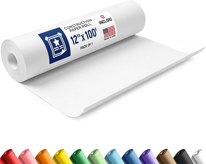 White Construction Paper Roll 12" x 100 ft – Made in USA – 12" Bulletin Board Paper for Classroom & School, Teachers & Kids
