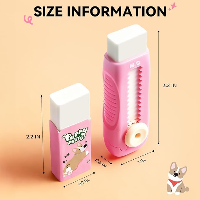 M&G 1+1 Pack Pink Sliding Retractable Cute Eraser Set, Refillable Soft Large Rubber Eraser with Sleeve for Kids Students School Office Supplies