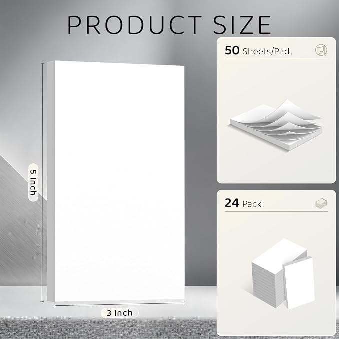 24 Pack White 3 x 5 Inch Blank Notepads 50 Sheets Each, Unruled Paper Pads with Hard Backing for Lists, Notes & Reminders | No-Bleed Writing Paper for Students, Teachers & Professionals