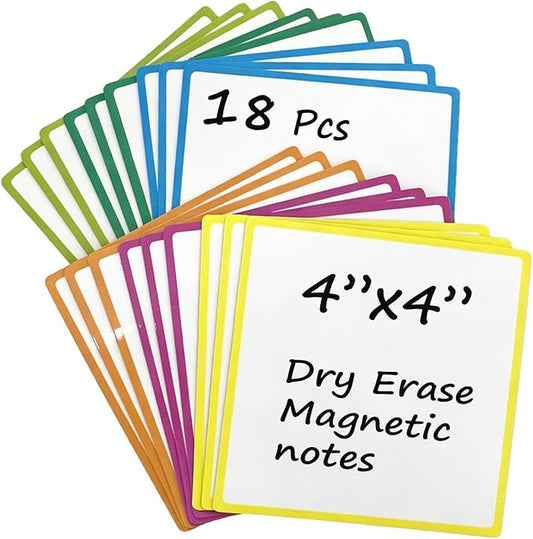 18 Packs, 4" x 4" Dry Erase Reusable Magnetic Sticky Notes, Edge Color Magnets Labels, Widely Use to Post Notes for Whiteboard, Fridge, Locker, Cabinet, Door - Office & Classroom Supplies