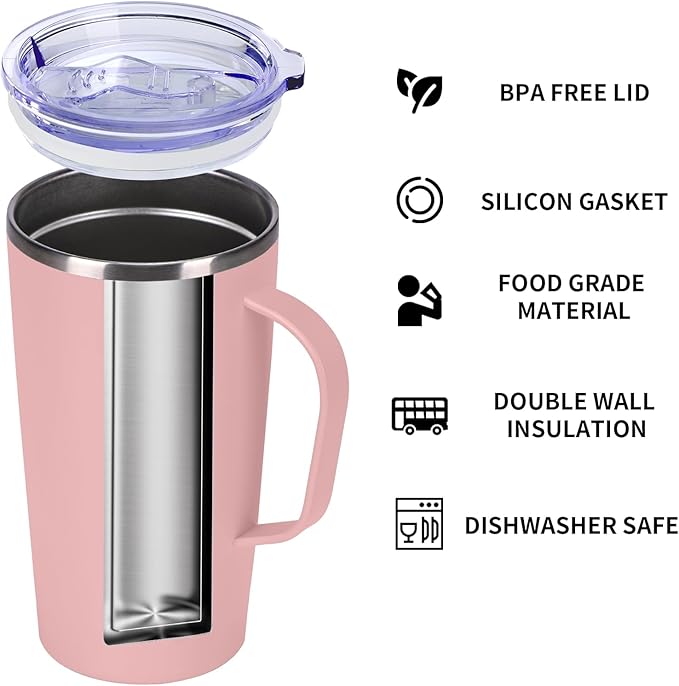 MEBRUDY 19oz Insulated Coffee Mug with Lid, Stainless Steel Double Wall Vacuum Travel Coffee Mug with Handle, Pink
