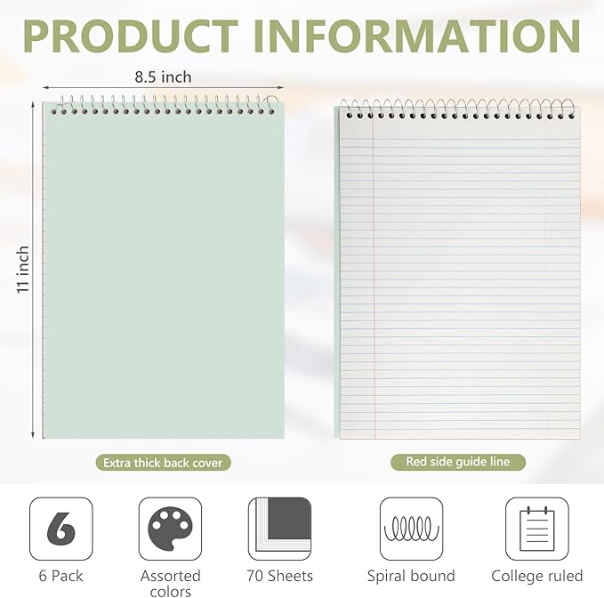 Resurhang 6 Pack 8.5 x 11'' Office Steno Book Double-sided Spiral Steno Books College Ruled White Paper 70 Sheets/Pad Pastel Colors Covers for School Office(Fresh Tone,Classic Style)