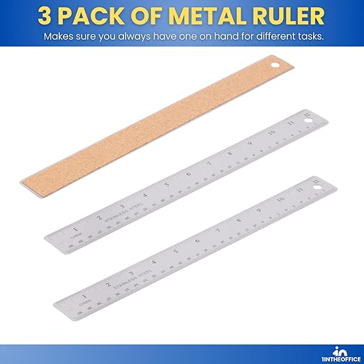 1InTheOffice Metal Ruler 12 Inch, Stainless Steel 12 Inch Ruler with Cork Back and Hanging Hole - 1/16" Standard Scale 12 inch - 3 Pack