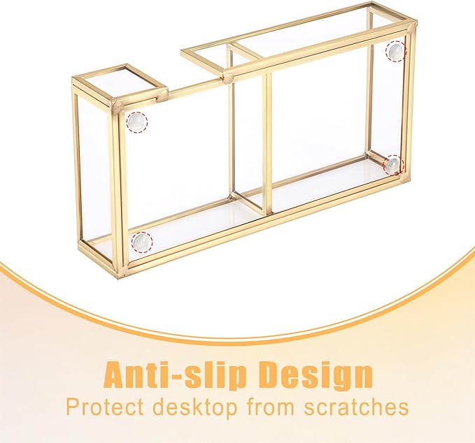 BTSKY Golden Glass 2 in 1 3x3 Inch Sticky Note Holder, Elegant Post It Note Dispenser Paper Clip Holder with Non-Slip Pads Clear Notepad Holder for Desk Organization Planning, Home Office Decor