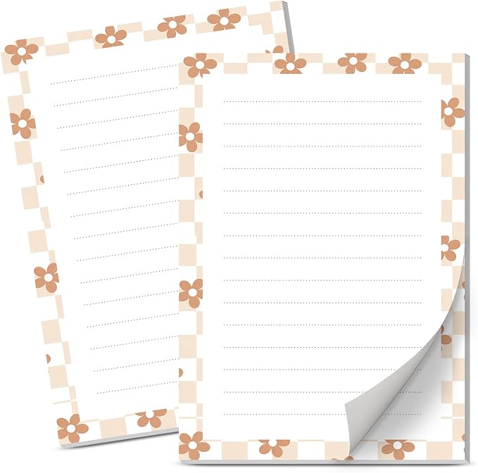 Lined Sticky Notes 4x6 in, 2 Pack Large Cute Notepads with Lines Self-Stick Note Pad, Funny Memo Pads Strong Adhesive for Office, Home Cute Checkerboard Flowers