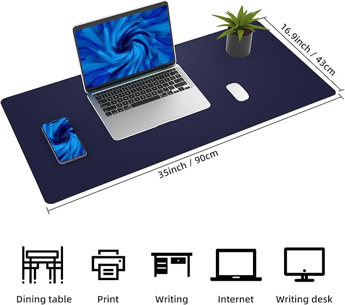 AFIING Cork Desk Mat 35.4" x 17", Dual-Sided Natural Cork & PU Leather Desk Pad, Non-Slip Waterproof Large Mouse Pad for Office, Home & Gaming (Blue)