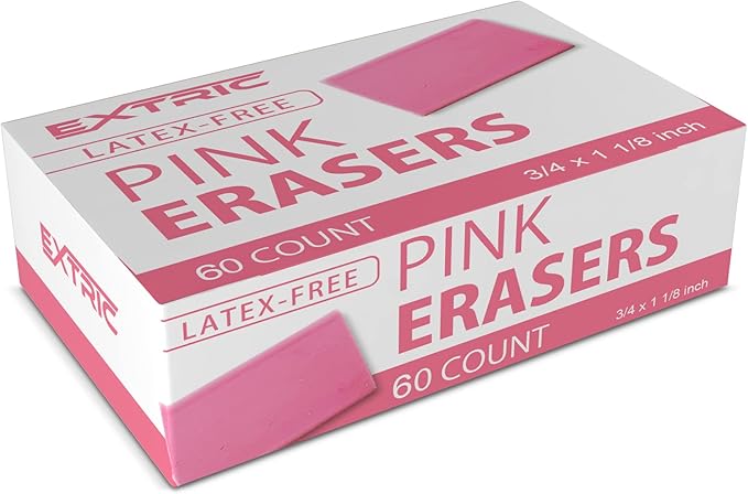 Pink Erasers, 60 Count, Latex Free Eraser for Kids, Square Eraser, Erasers Bulk for School Supplies, Art, and Office Use
