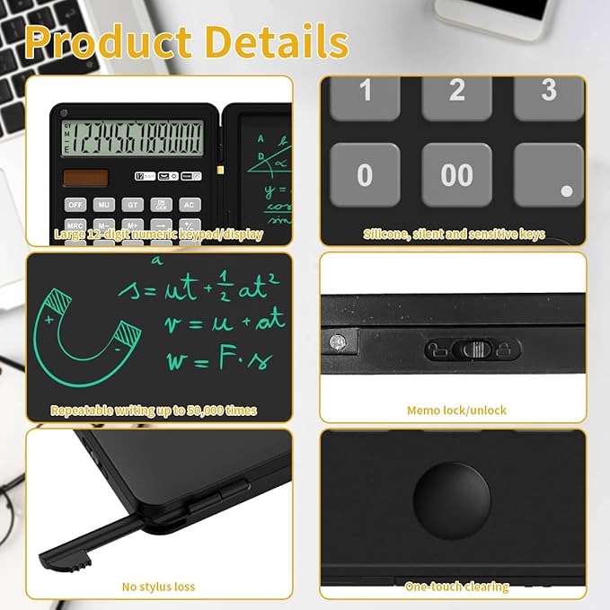 Calculator with Writing Pad,12-Digit LCD Display, Dual Power Solar + Coin Cell,1-Yr Battery Life Silicone Keys for Comfort Lightweight Portable for Students/Engineers/Professionals (Black)