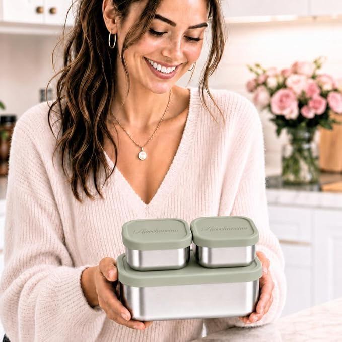 Modaniam Flexibento Leak Proof 40 OZ Stainless Steel Lunch Box, Silicone Lids, Sage Set of 3