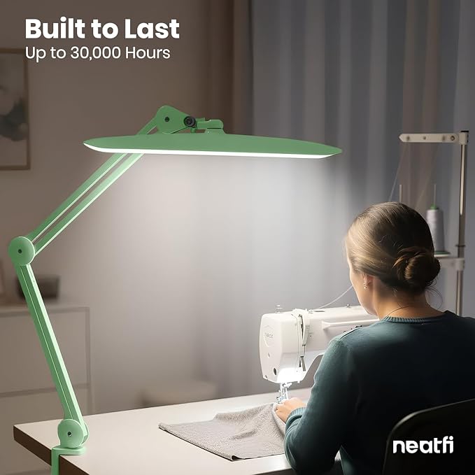 Neatfi XL 2200 Lumens 24W LED Desk Lamp – Shadow-Free Task Lighting | 4-Level Dimming | Home Office & Crafts Use | 20-Inch Wide Head (Midnight Green, Non-CCT with Clamp)