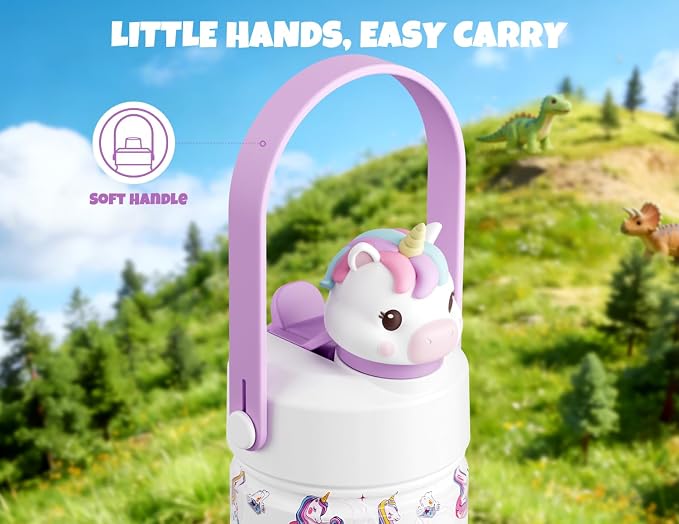 POWCAN 12 oz Kids Water Bottle for School: 2-in-1 Straw Spout Lid with Soft Animal Head, Leakproof, Keep Cold 24H, Backpack Friendly, BPA-Free, Stainless Steel Cup for Sports, Gift (Unicorn Starland)