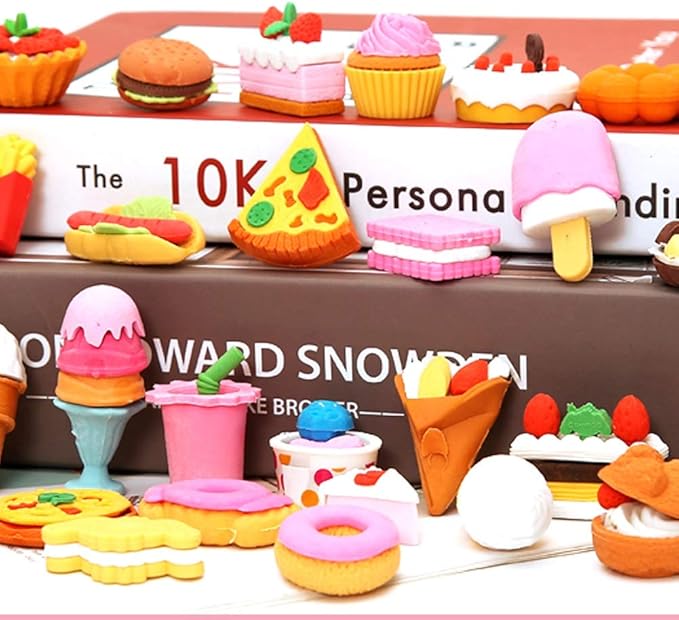 Cllayees 72 Pcs Assorted Food Pencil Erasers Toy Set, Cake Dessert Fruit Puzzle Erasers Toys for Kids Reward Party Favors (Food)