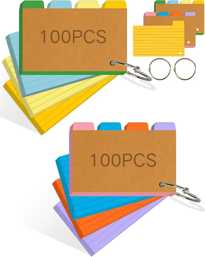 200PCS Tabbed Index Cards with Ring 3x5: Lined Colored Flash Card with Tabs, Assorted Colors Thicken Notecards School Supplies for Students Study Note Office Essentials (ColorA+ColorB, 200PCS)