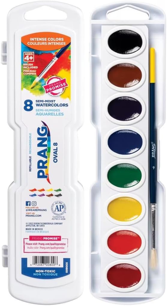 Prang Semi-Moist Watercolors 8-Color Refillable Oval Pan Set with Size 6 Paintbrush, Class Pack of 36