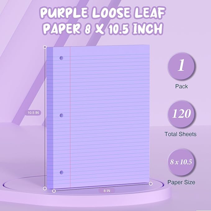 Purple Loose Leaf Paper 8 x 10.5, 120 Sheets Lined Paper College Ruled Paper, 3 Hole Punched Notebook Paper College Ruled, 3 Ring Binder Paper 8 x 10.5, Filler Paper College Ruled for Office, School