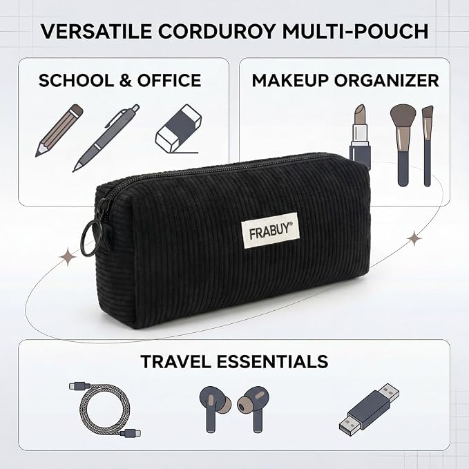 Soft Corduroy Pencil Case Pen Pouch Organizer, Small Stationery Bag | Cute black pencil pouch, smooth zipper, daily cosmetics holder, compact organizer for school teen girls, women