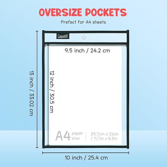 Gamenote Dry Erase Pockets 30 Pack with Rings, Oversized Reusable Plastic Sleeves Shop Job Ticket Holders Sheet Protectors Teacher Supplies Organization for Classroom Must Have, 10x14 Inches (Black)