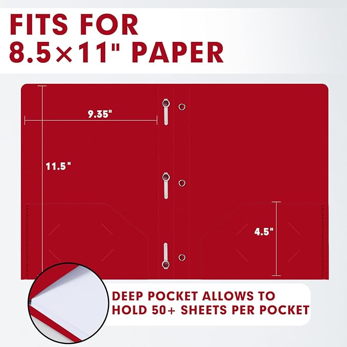 Plastic 2 Pocket Folders with Prongs, 30 Pack, Heavyweight, Letter Size Poly Folders with 3 Metal Prongs Fastener Clips (Red)