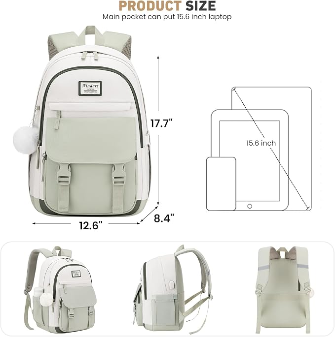 WINDARS School Backpack for Teen Girls, Cute College Backpacks for Women Students Aesthetic Bookbag Large 15.6 Inch Laptop Bag Middle School Travel Back Pack (Beige-Green-Dark Olive Green)
