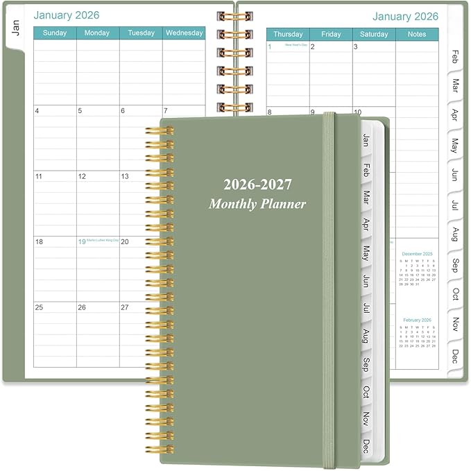 2026-2027 Monthly Planner - January 2026 - June 2027, Two Pages Per Month, 18 Monthly Calendar/Planner with Tabs, Strong Twin-Wire Binding, Inner Pocket, 3.75" x 6.5", Green