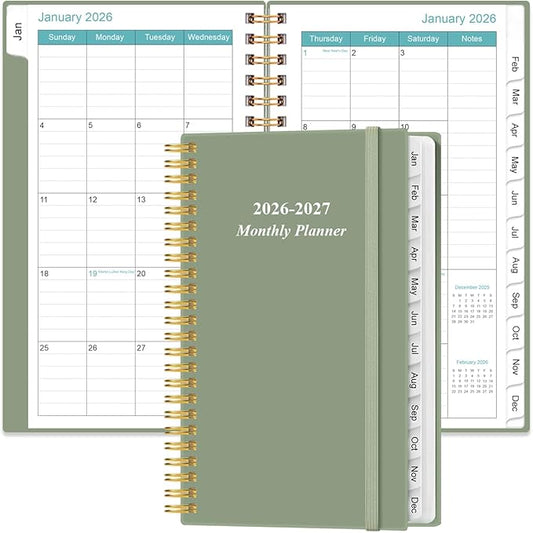 2026-2027 Monthly Planner - January 2026 - June 2027, Two Pages Per Month, 18 Monthly Calendar/Planner with Tabs, Strong Twin-Wire Binding, Inner Pocket, 3.75" x 6.5", Green