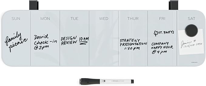 U Brands Magnetic Cubicle/Wall Glass Dry-Erase Weekly Calendar Board, 20" X 5.5" Inches, White Frosted Surface, Frameless