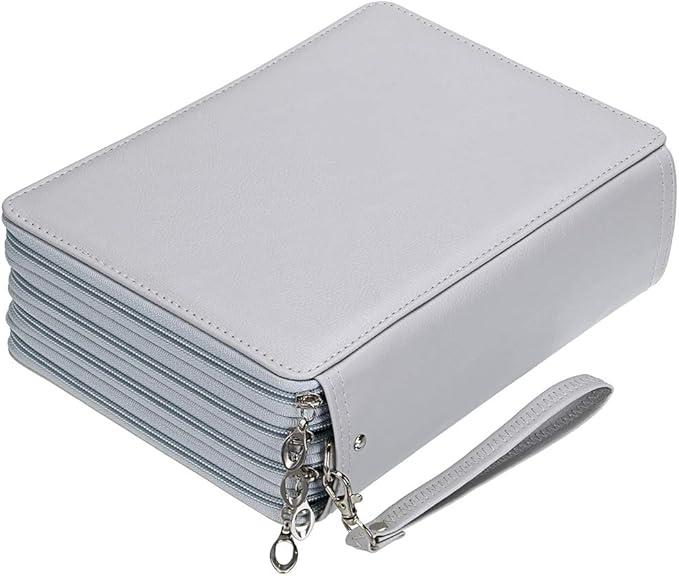 BTSKY 200 Slots Colored Pencil Organizer - Deluxe PU Leather Pencil Case Holder With Removal Handle Strap Pencil Box Large for Colored Pencils Watercolor Pencils Grey