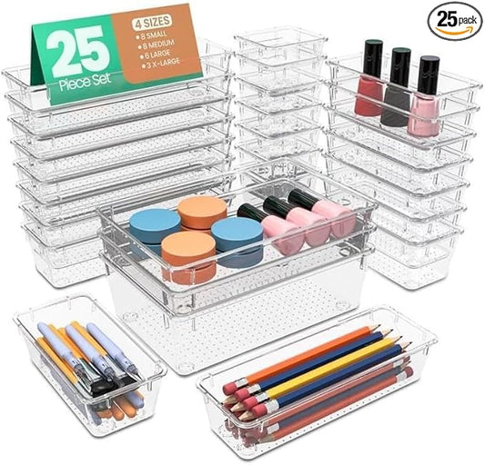 KICHLY 25 Piece Clear Drawer Organizer Set – Multi Size Storage Trays for Bathroom, Vanity, Makeup, Kitchen Utensils, Office & Bedroom - Office Desk Organizers & Caddy