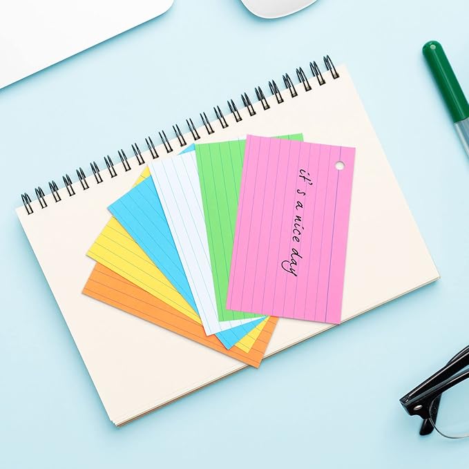 Leelosp 300 Pcs Colored Ruled Index Cards with 6 Rings 180 Gsm Thick Neon Color Study Flash Cards Single Hole Punched Lined Flashcards Studying Notecards One Side for Study(3 x 5 in,Fresh Color)